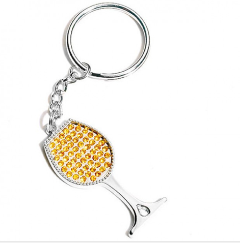 Wine Glass Gold Rhinestone Keychains