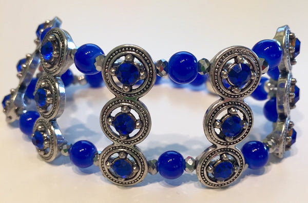 Blue Dahlia Stretch Cuff With Glass Beads and Crystals