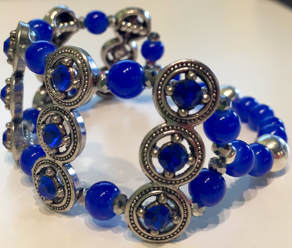 Blue Dahlia Stretch Cuff With Glass Beads and Crystals