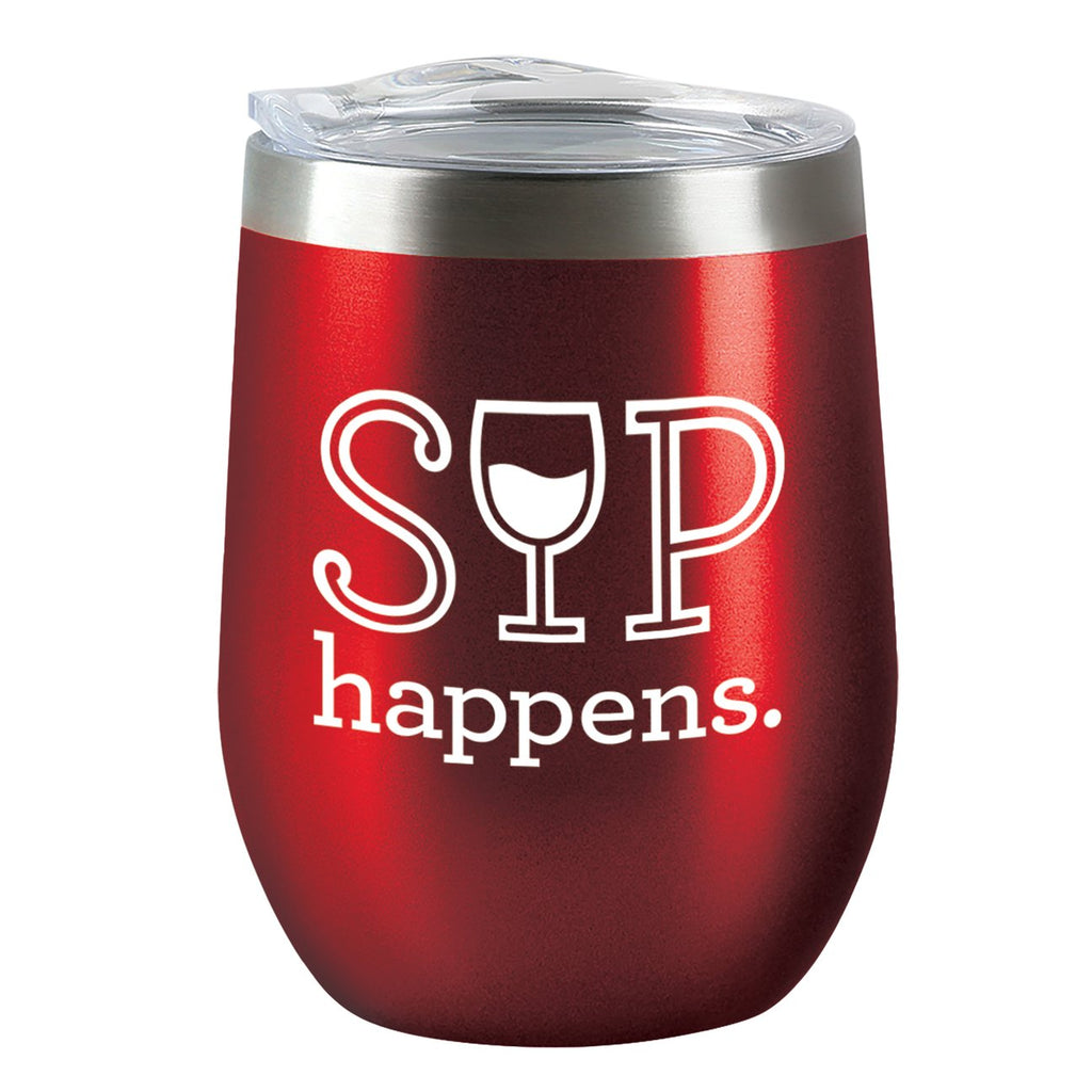 Stemless, stainless steel, double walled wine tumbler in candy apple red with the saying Sip Happens. in white text.