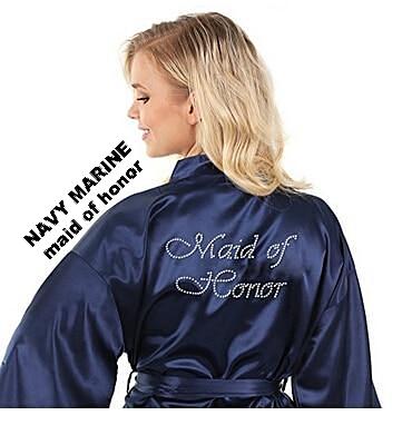 Rhinestone Embellished Silky Satin Kimono Dressing Robe for Bride, Bridesmaids, and Wedding Party