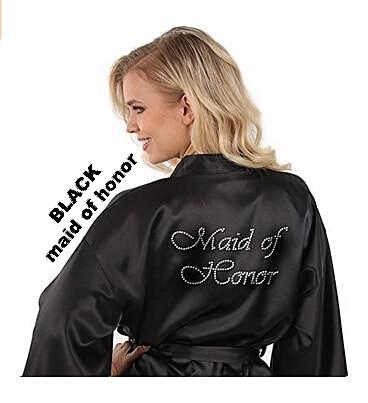 Rhinestone Embellished Silky Satin Kimono Dressing Robe for Bride, Bridesmaids, and Wedding Party